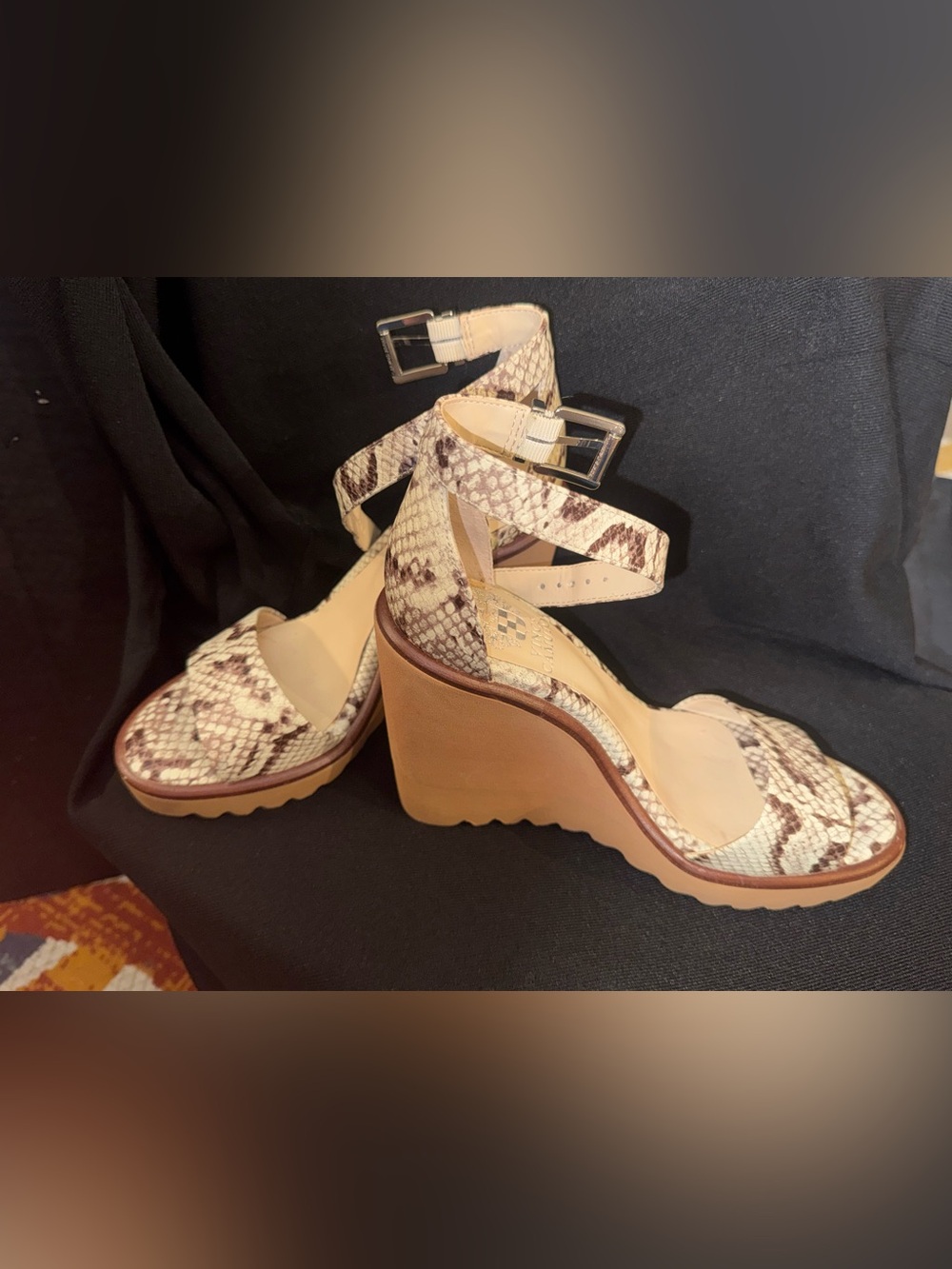 Vince Camuto Cream and Brown Snake-Print Platform Wedge Sandals - Picture 4 of 5